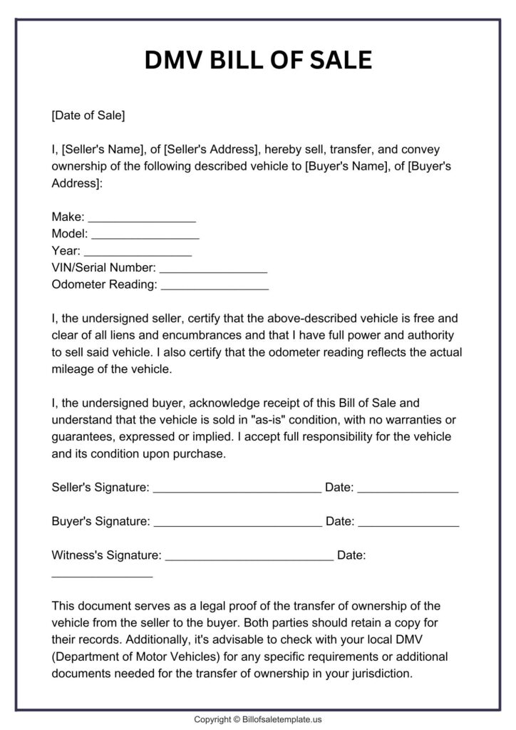 Free Printable DMV Bill of Sale Form Template