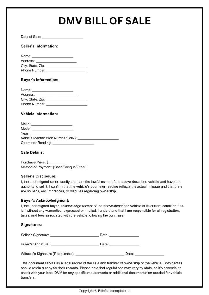 DMV Bill of Sale Paperwork