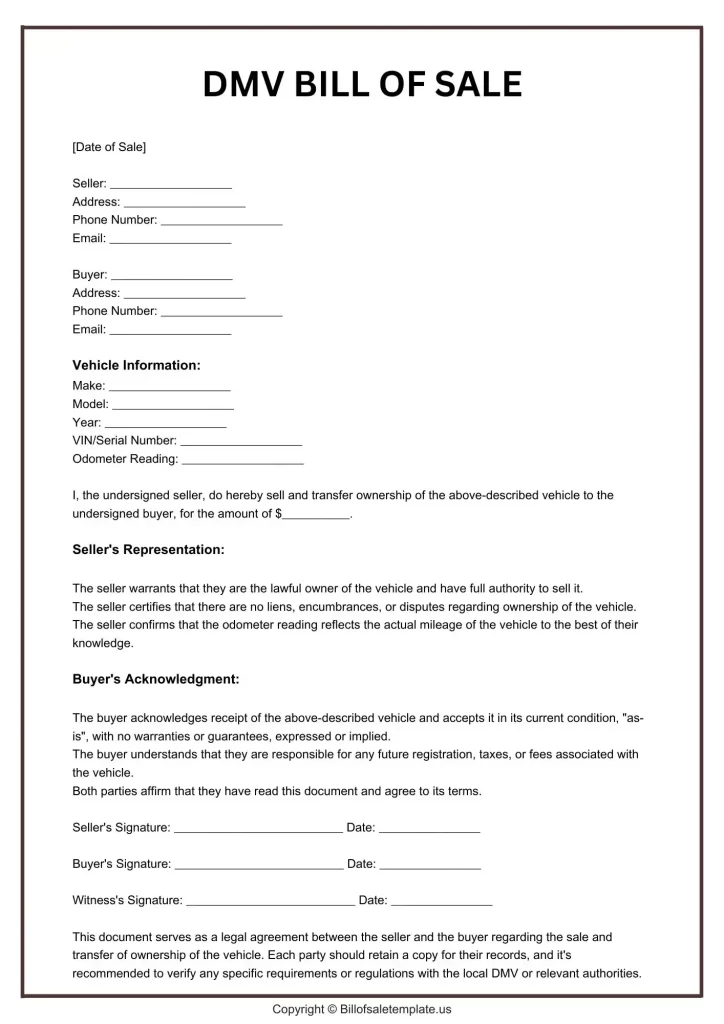 DMV Bill of Sale without Title