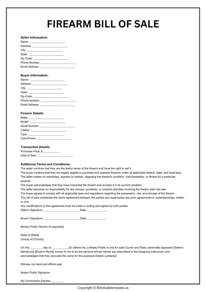 Printable Firearm Bill of Sale form Template