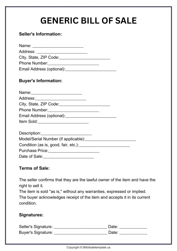 Blank Generic Bill of Sale Template 