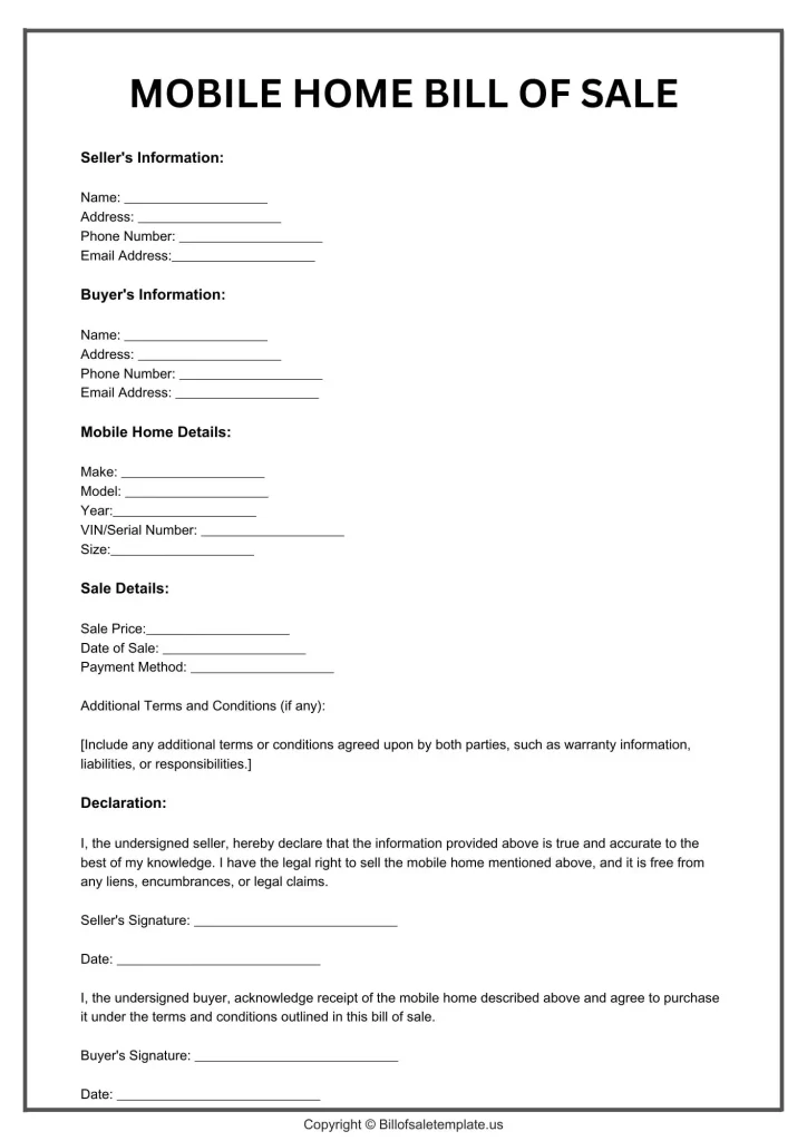 Mobile Home Bill of Sale document