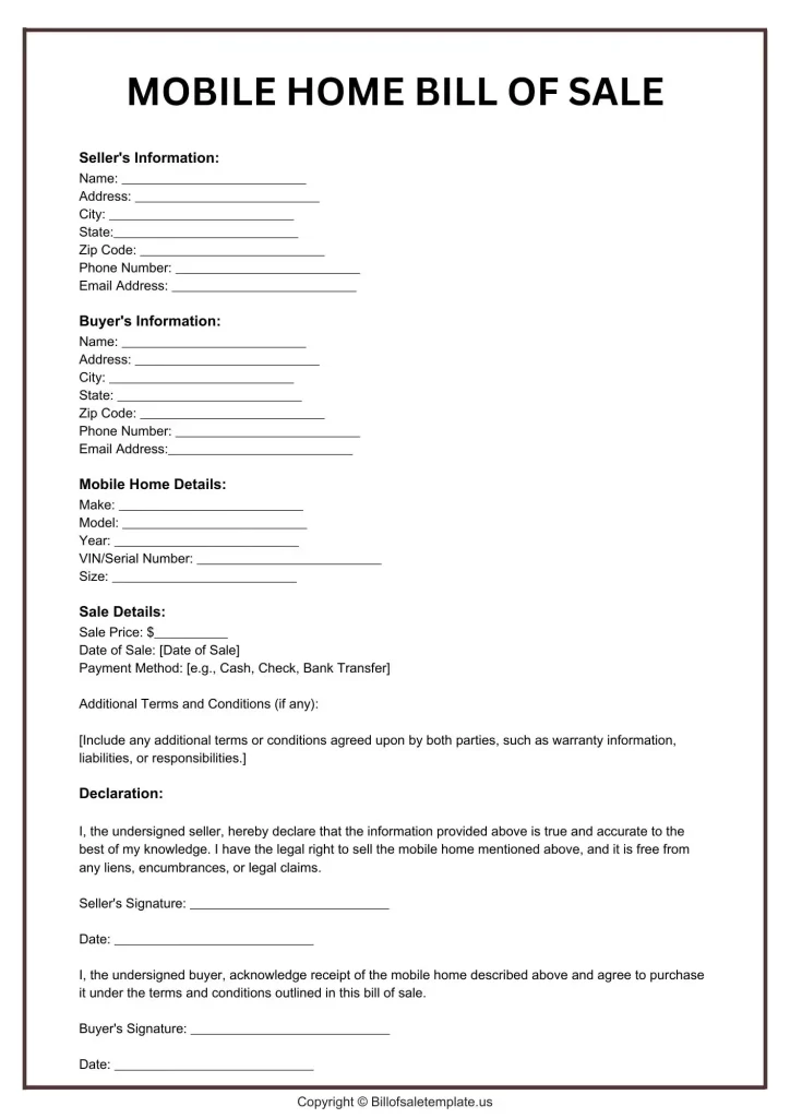 Mobile Home Bill of Sale without notary