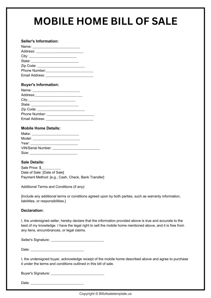 Bill of Sale for Mobile Home without title