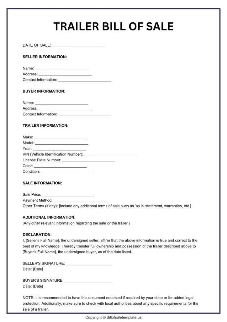 Bill of Sale Template for Trailer