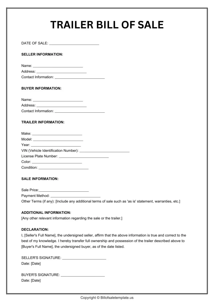 TRAILER BILL OF SALE FORM