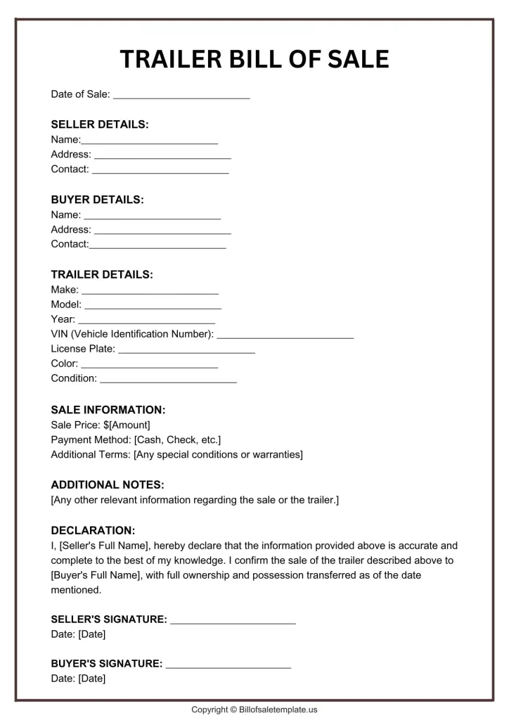 Bill of Sale for Trailer without Title