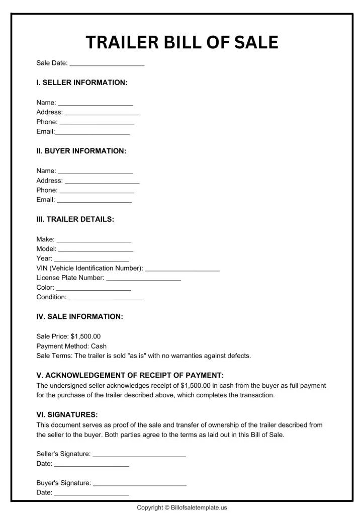 Trailer Bill of Sale Form