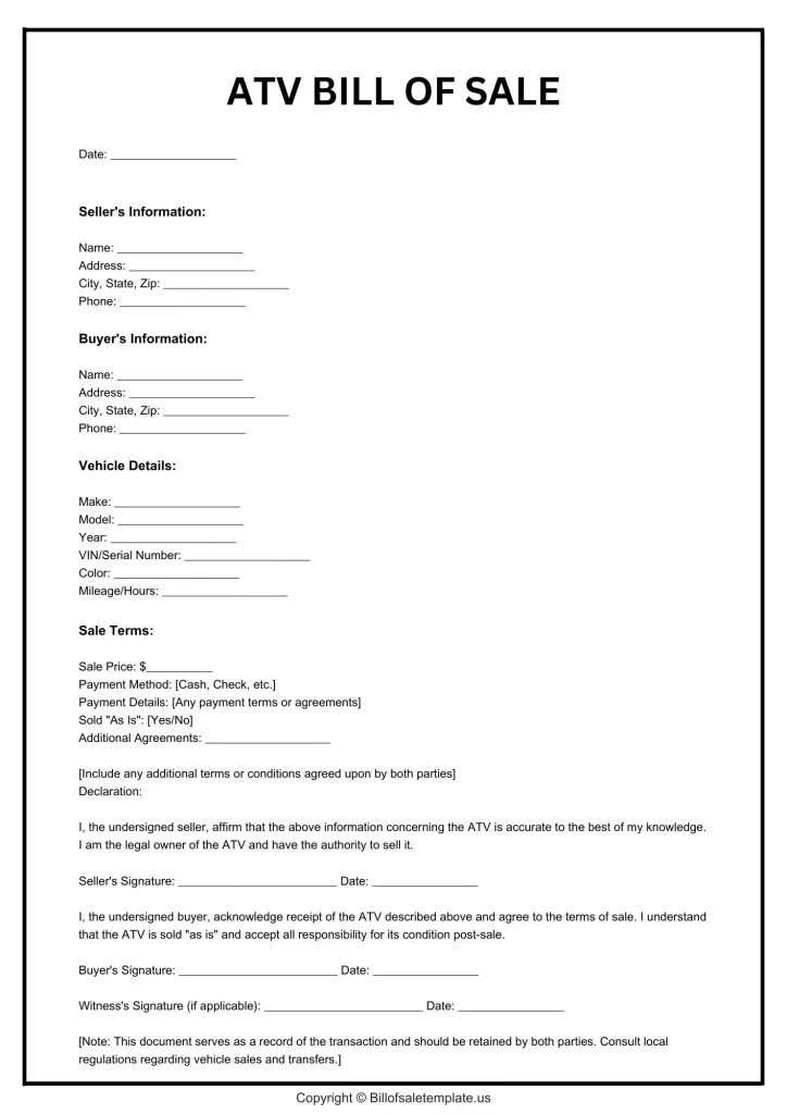 ATV Bill of sale form