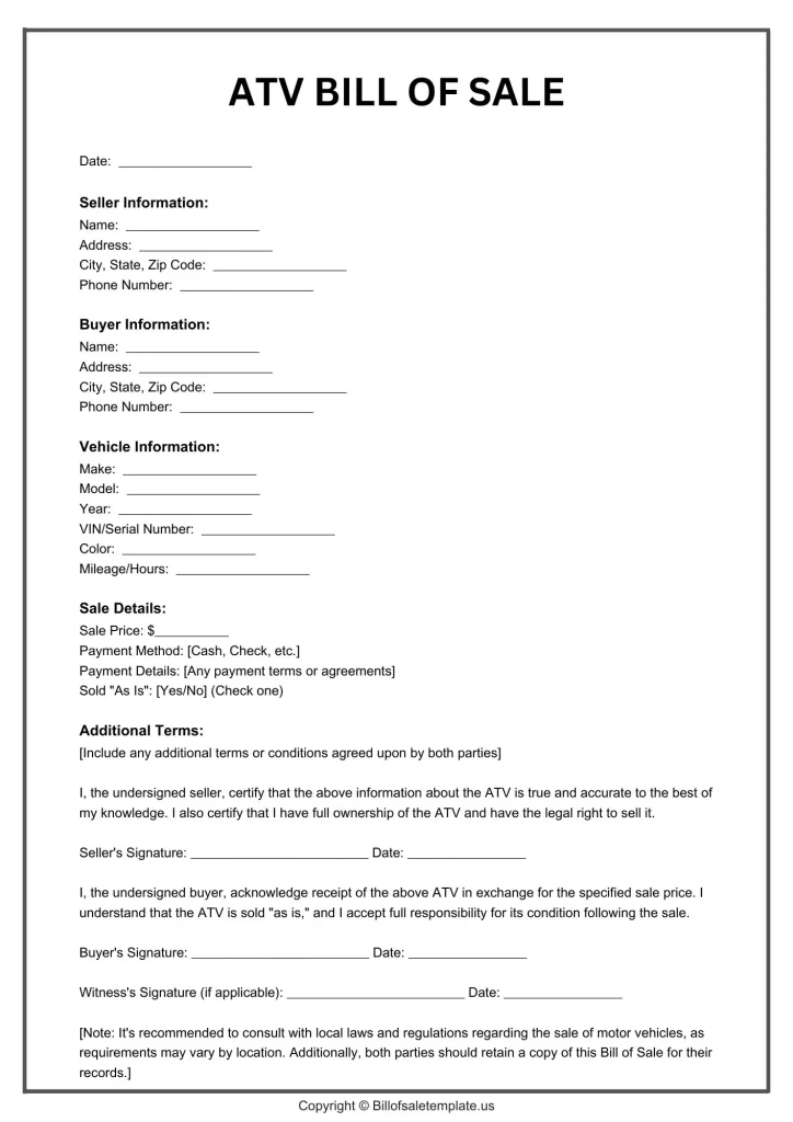 Printable Bill of Sale for ATV