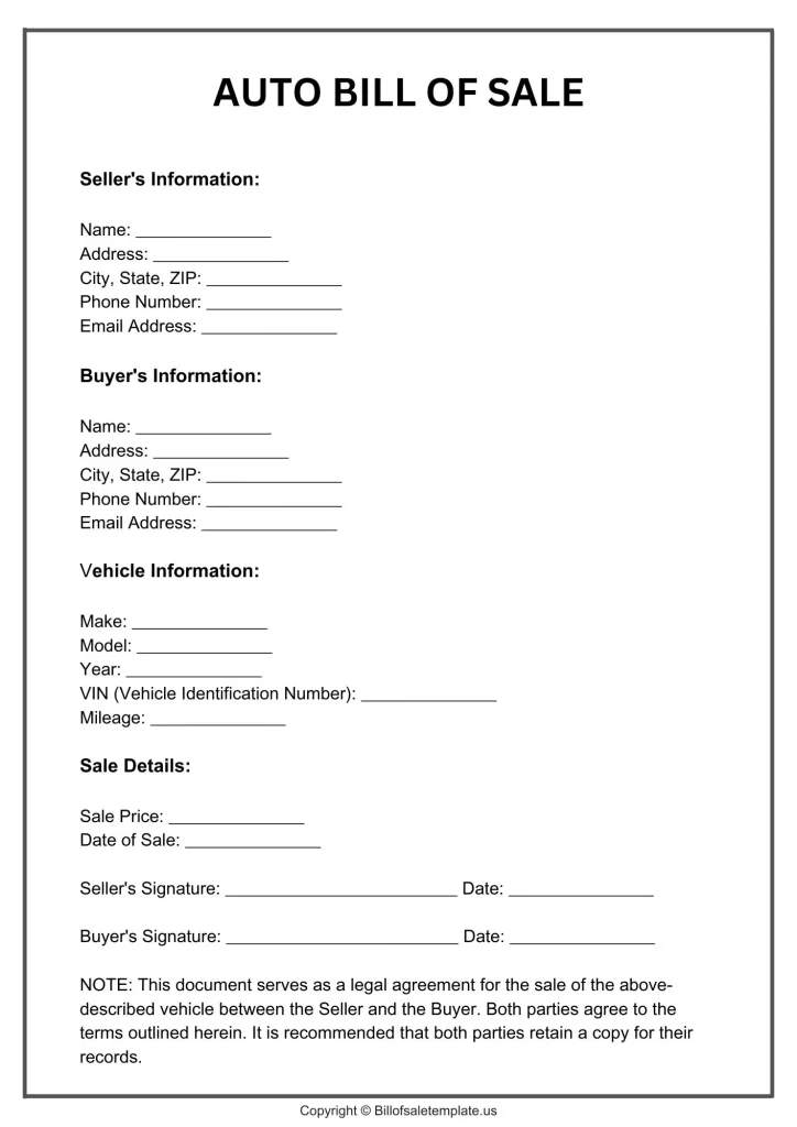 Free Printable Auto Bill of Sale Template