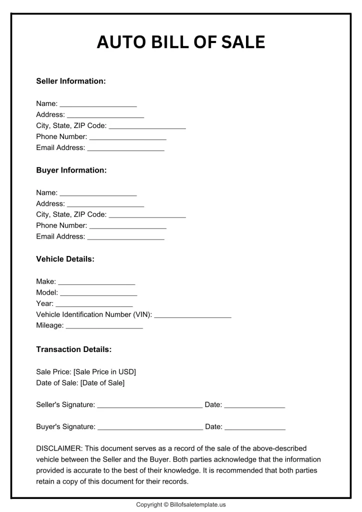 Simple Auto Bill of Sale