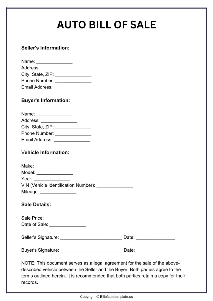 Sample Auto Bill of Sale Template