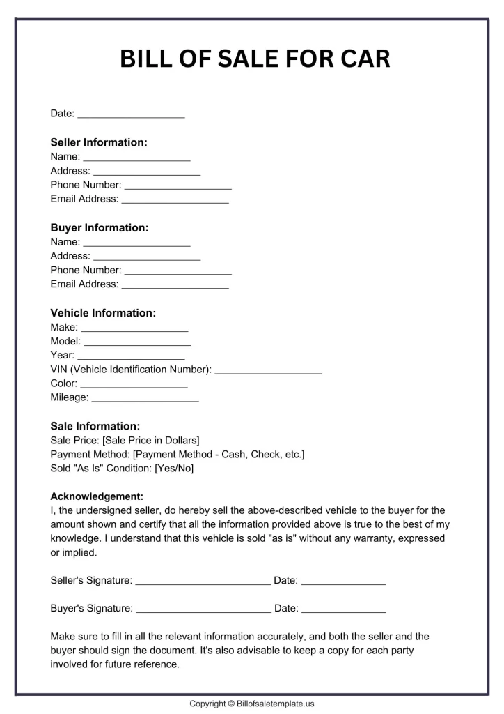 Bill of Sale for Car for the parts