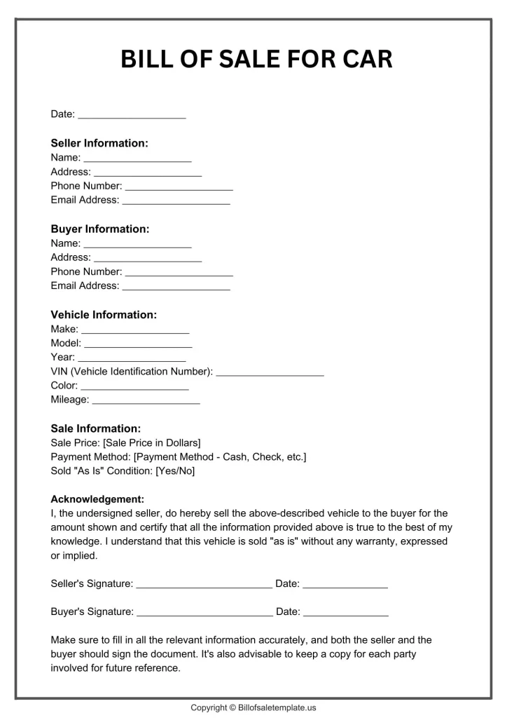 Bill of Sale for Car Form Template