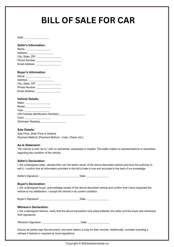 Bill of Sale for Car