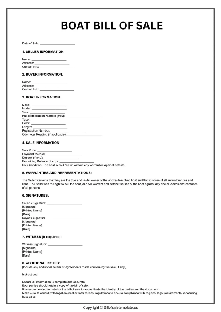 Boat Bill of Sale Form Template