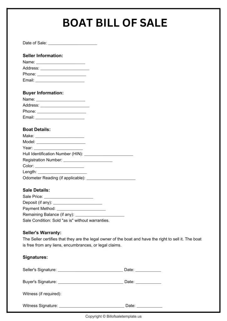 Used Boat Bill of Sale Form