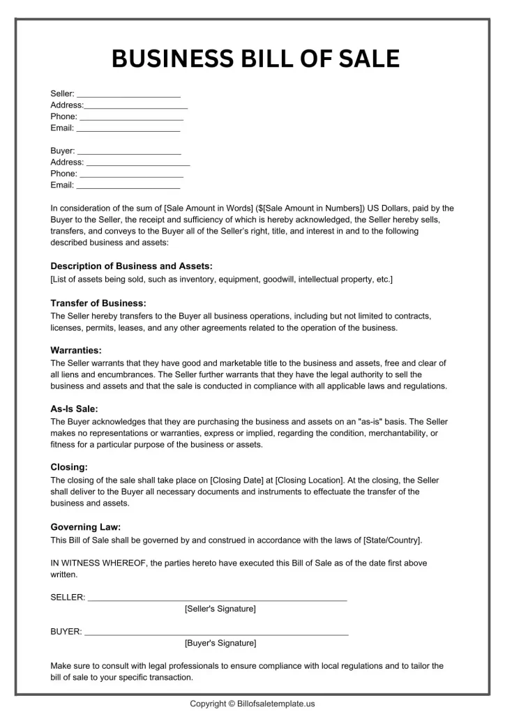 Business Bill of Sale Agreement