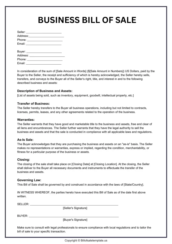 Business Bill of Sale Form