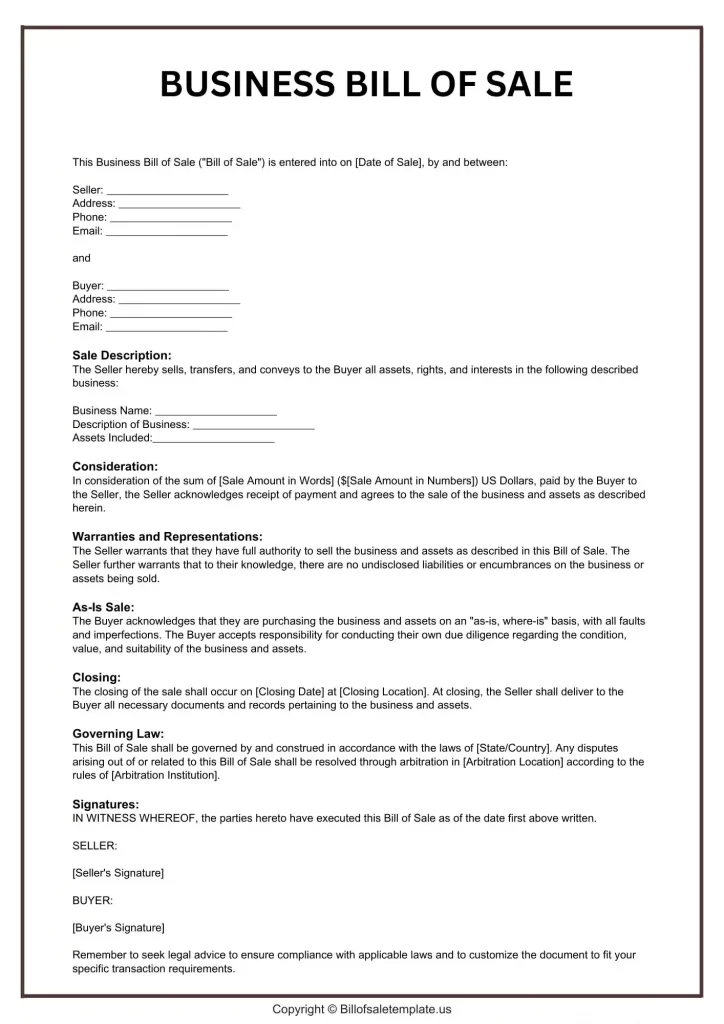 Business Bill of Sale Purchase Agreement