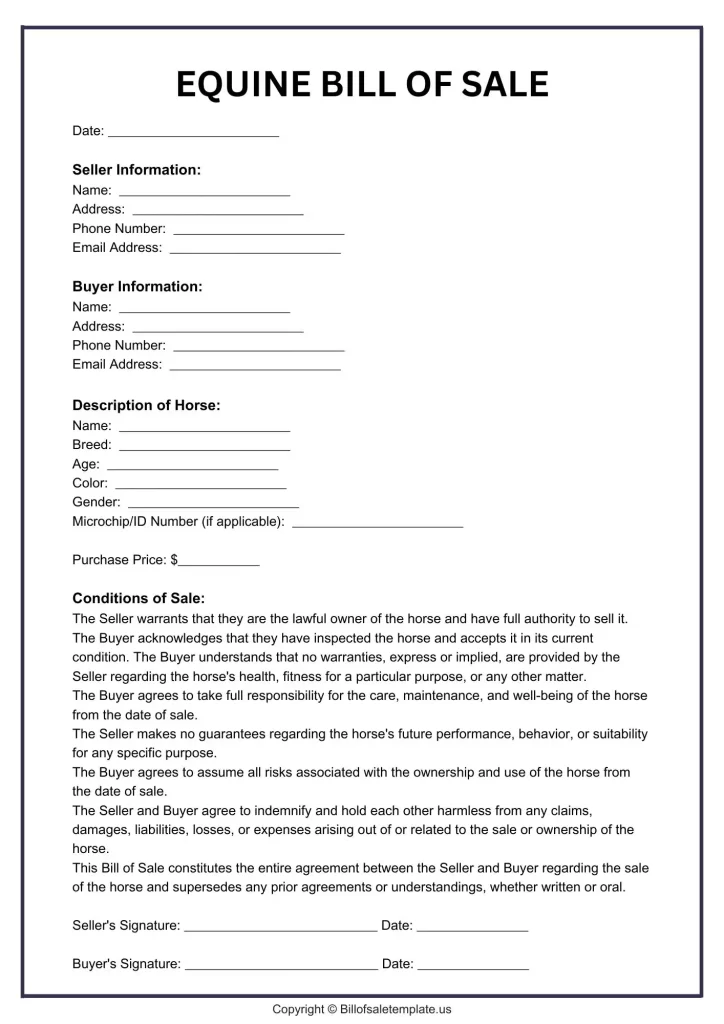 Printable Equine Bill of Sale Template