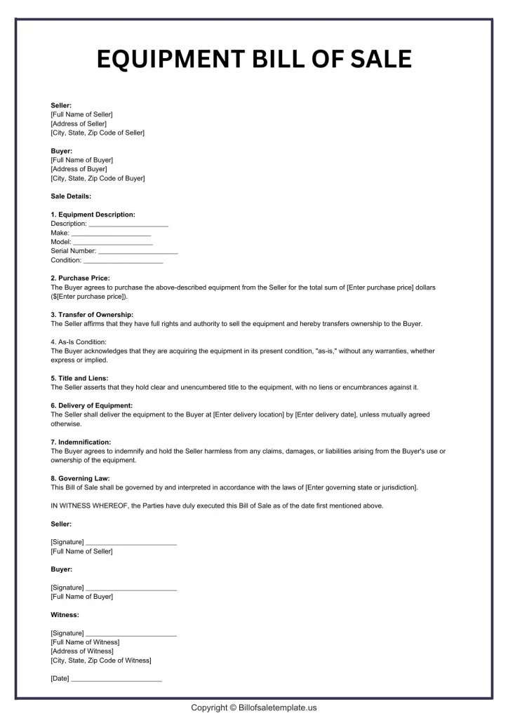 Printable Equipment Bill of Sale Form Template