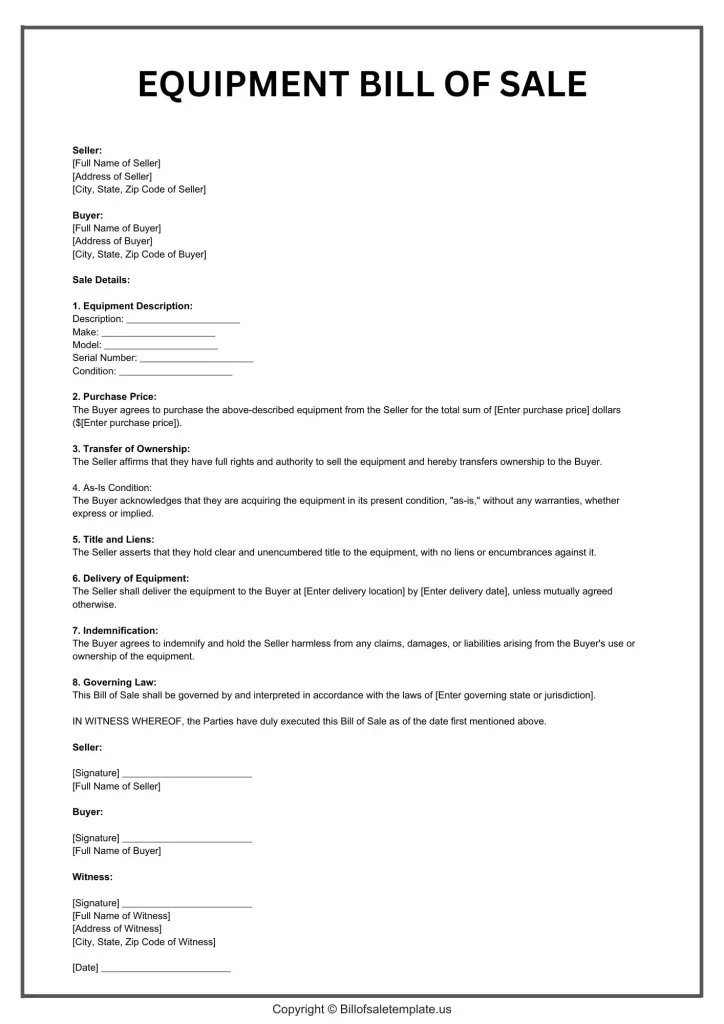 Heavy Equipment Bill of Sale Template