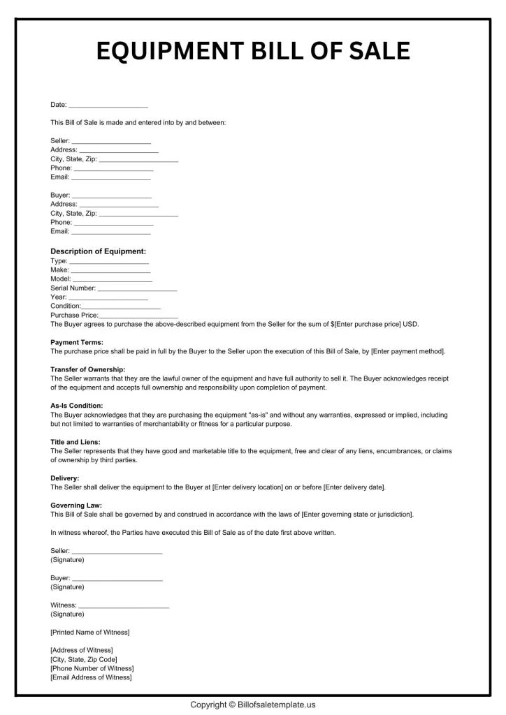 Bill of Sale for Construction Equipment