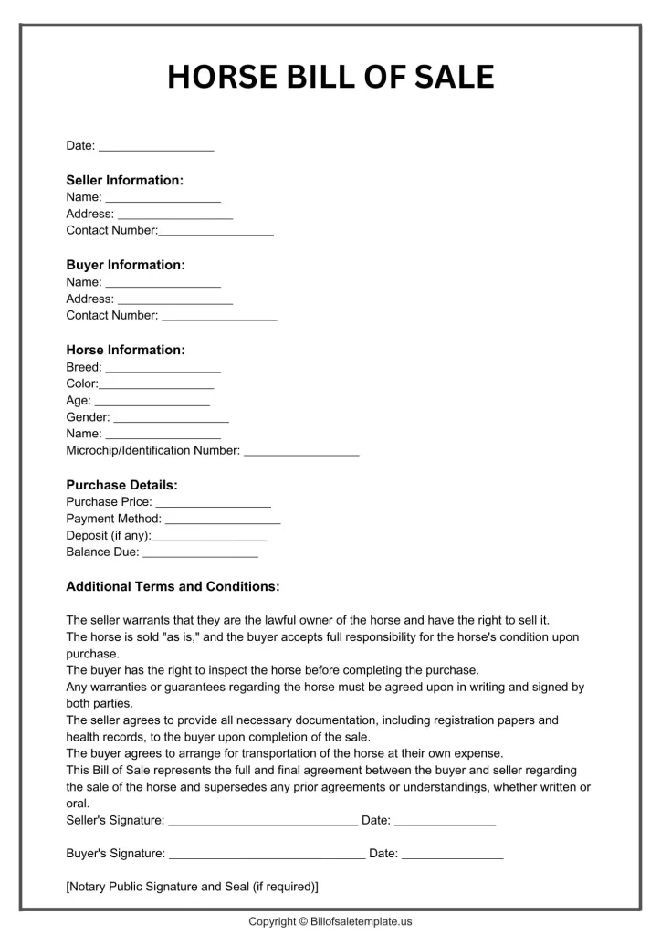 Horse Bill of Sale Form Template Printable in PDF [Free]