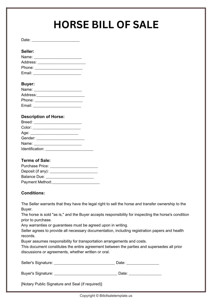 Bill of Sale Template for Horse