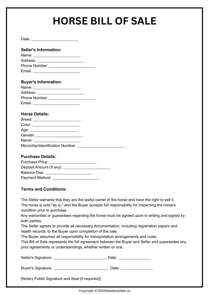 Bill of Sale Template for Horse