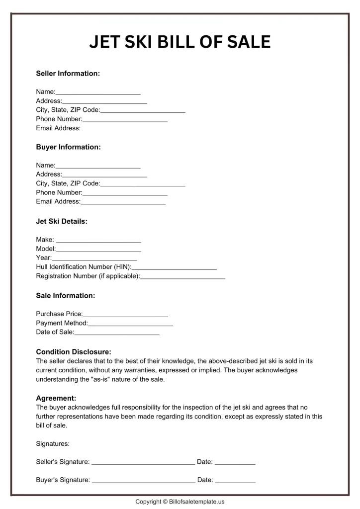 Jet Ski Bill of Sale Form