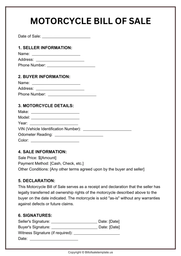 Motorcycle Bill of Sale Form