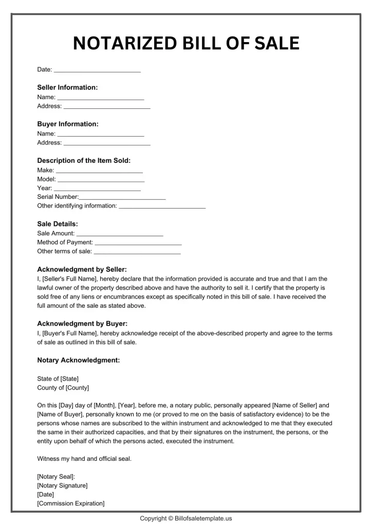 Notarized Bill of Sale Form Template PDF [Free Blank Printable]