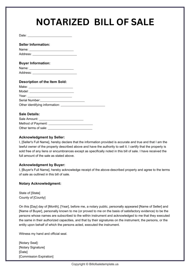 Notarized Bill of Sale for Car