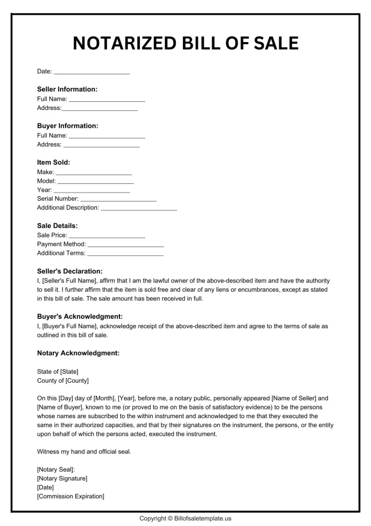 Notarized Automobile Bill of Sale