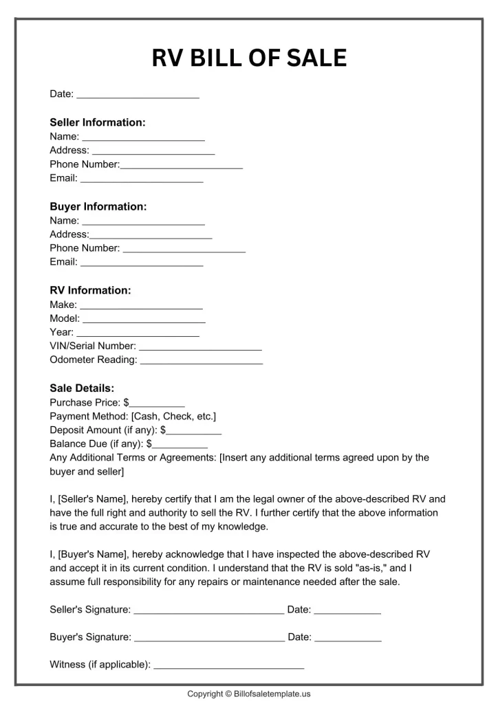 RV Bill of Sale as is no warranty