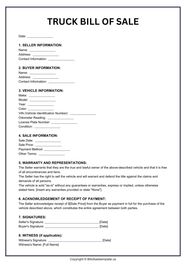 Printable Truck Bill of Sale Form Template