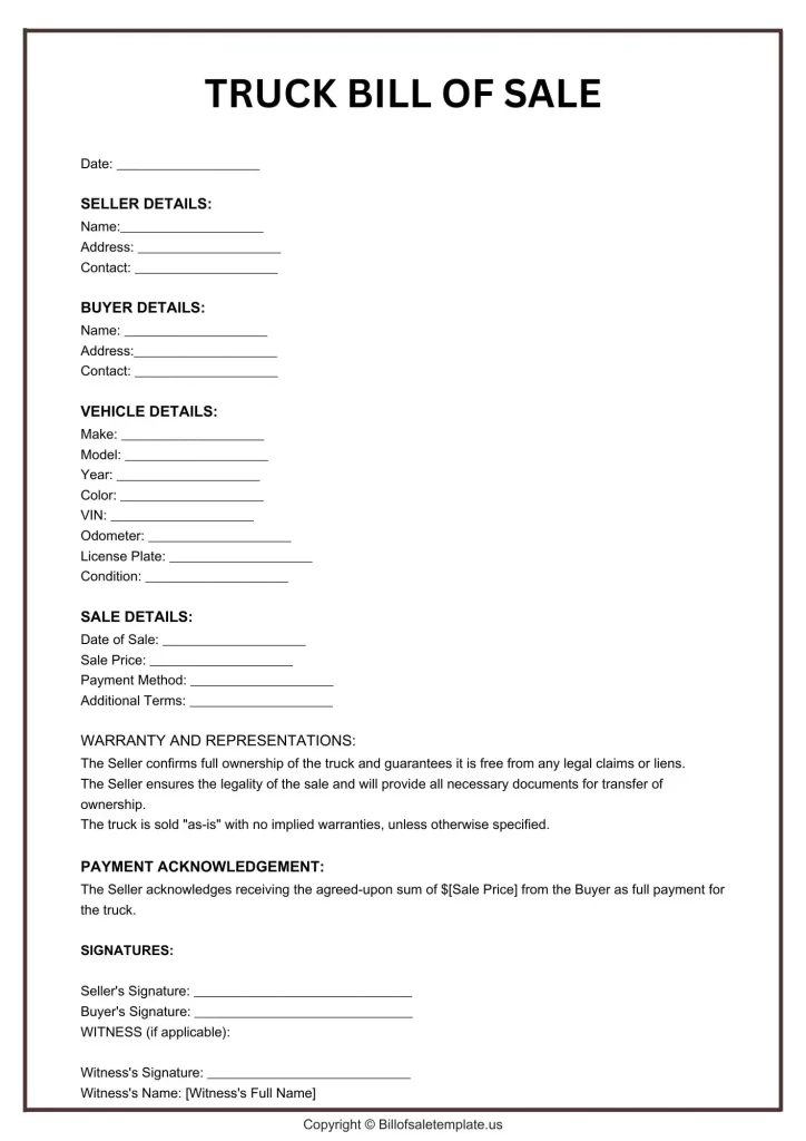 Truck Bill of Sale form Template [Free Printable PDF]