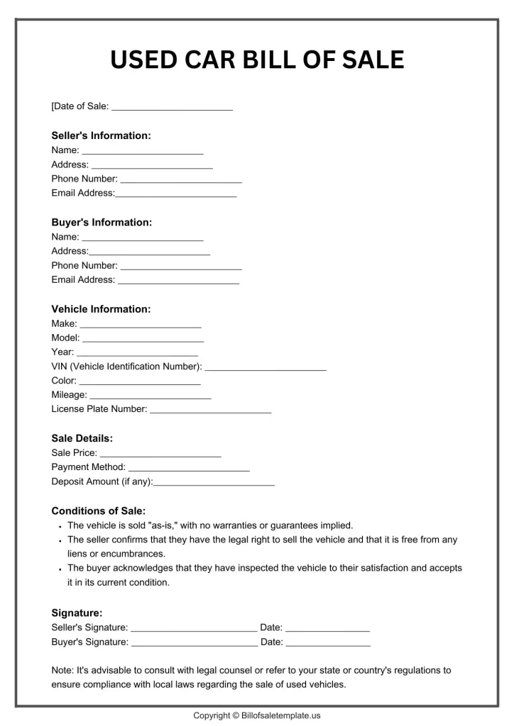 Used Car Bill of Sale Template