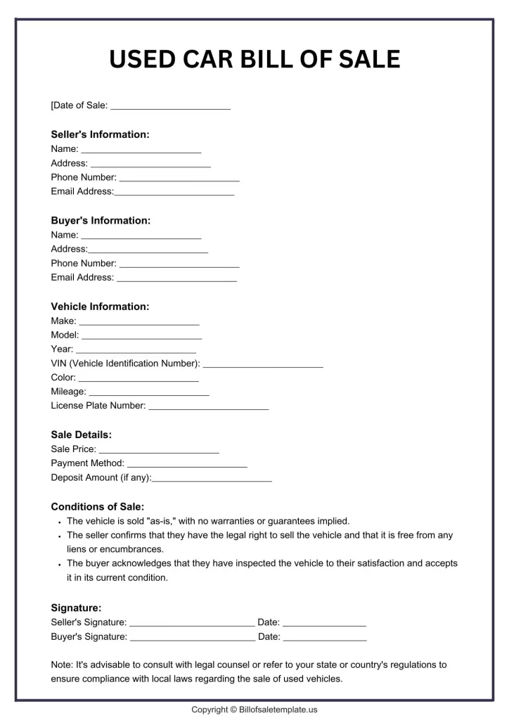 Sample Bill of Sale for Used Car