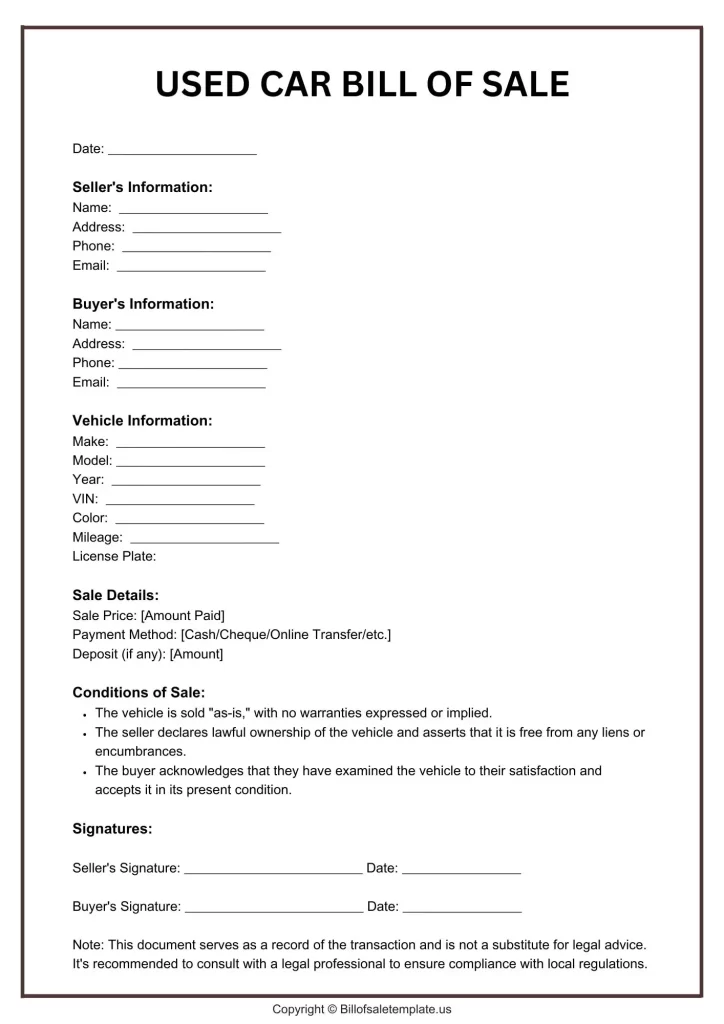 Printable Used Car Bill of Sale for Car