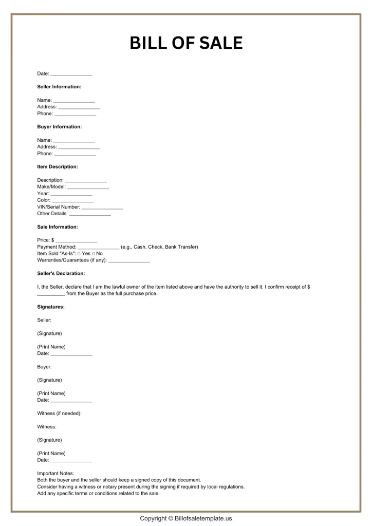 Bill of Sale Template Free PDF, Word [United States]