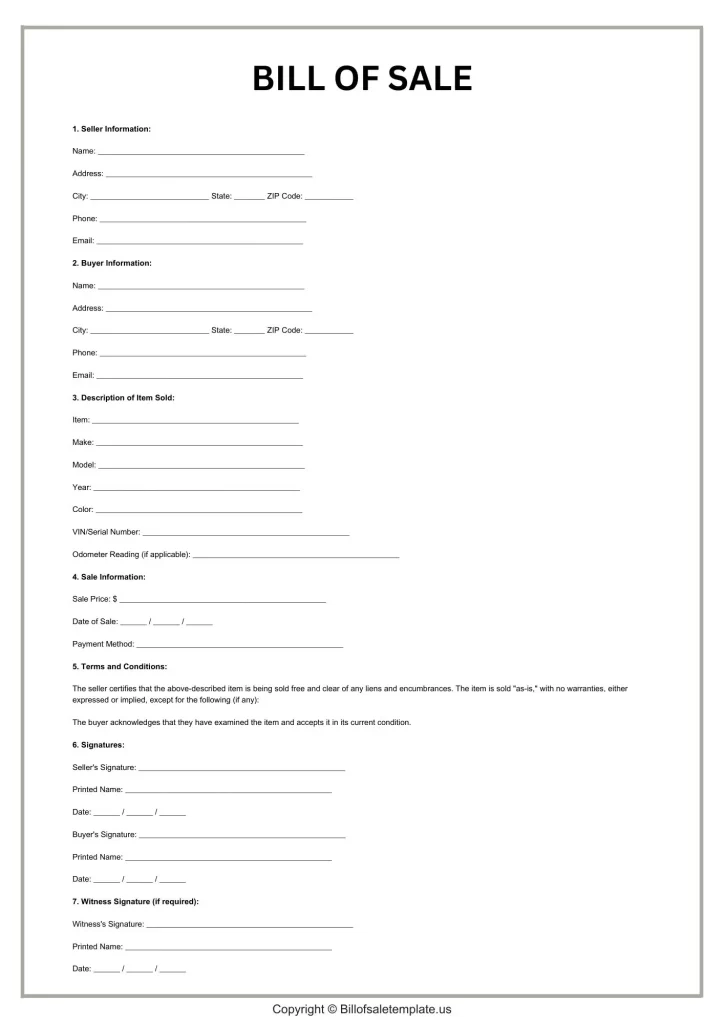 Printable Bill of Sale Form